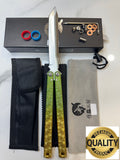 Butterfly Live Blade Balisong DRAGON TONGUE-2 (Gold Green/Silver Blade) Gift Ideas FREE SHIPPING Age 18+ only