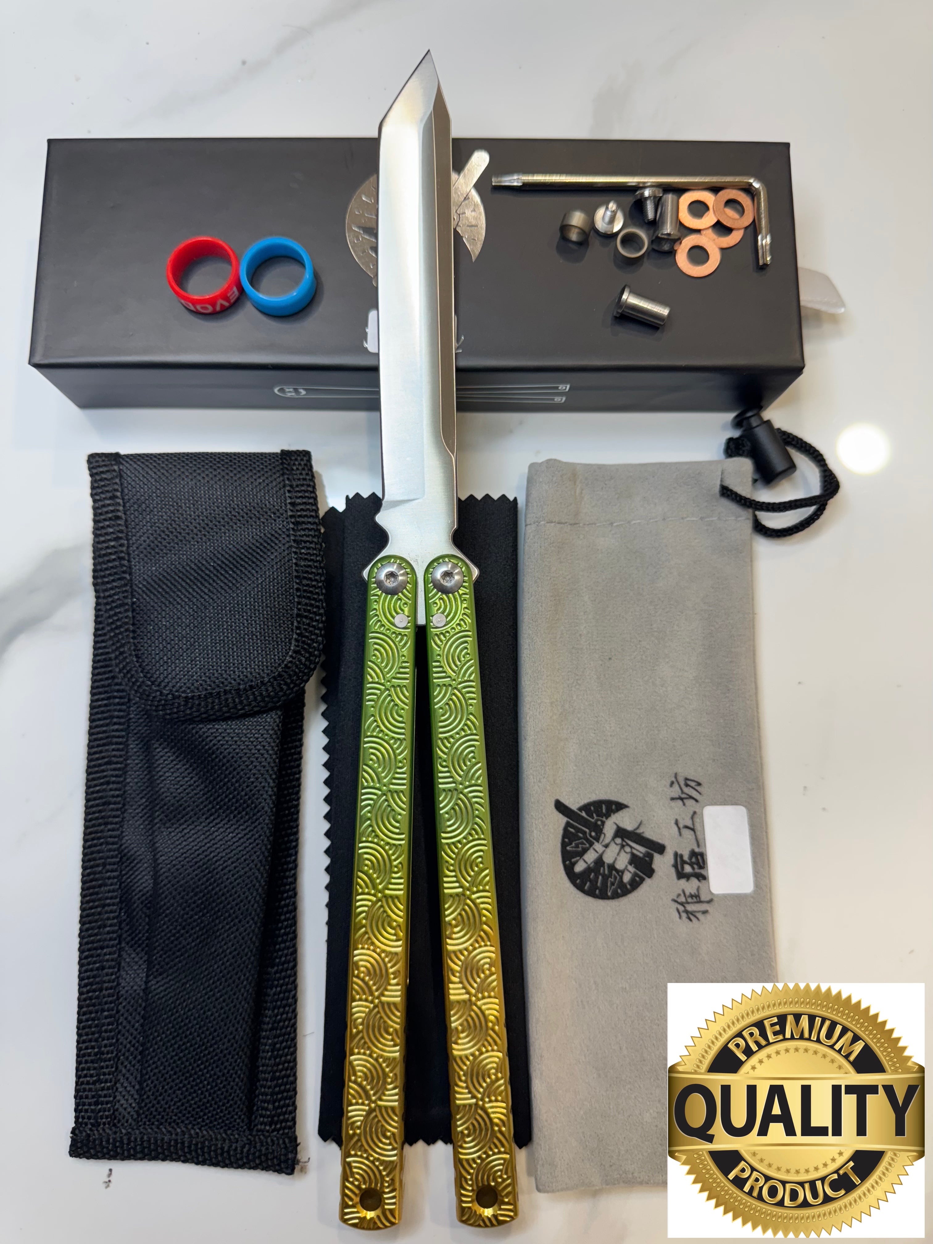 Butterfly Live Blade Balisong DRAGON TONGUE-2 (Gold Green/Silver Blade) Gift Ideas FREE SHIPPING Age 18+ only