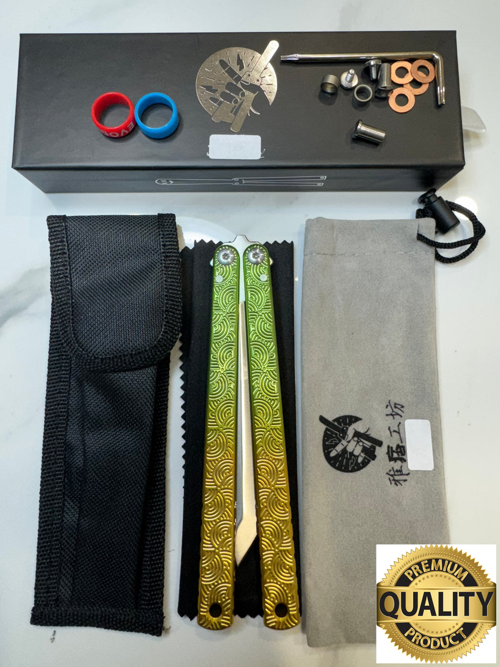 Butterfly Live Blade Balisong DRAGON TONGUE-2 (Gold Green/Silver Blade) Gift Ideas FREE SHIPPING Age 18+ only