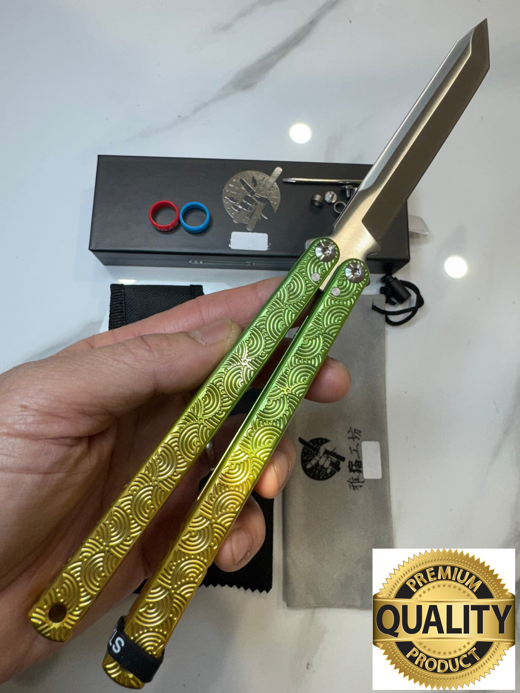 Butterfly Live Blade Balisong DRAGON TONGUE-2 (Gold Green/Silver Blade) Gift Ideas FREE SHIPPING Age 18+ only