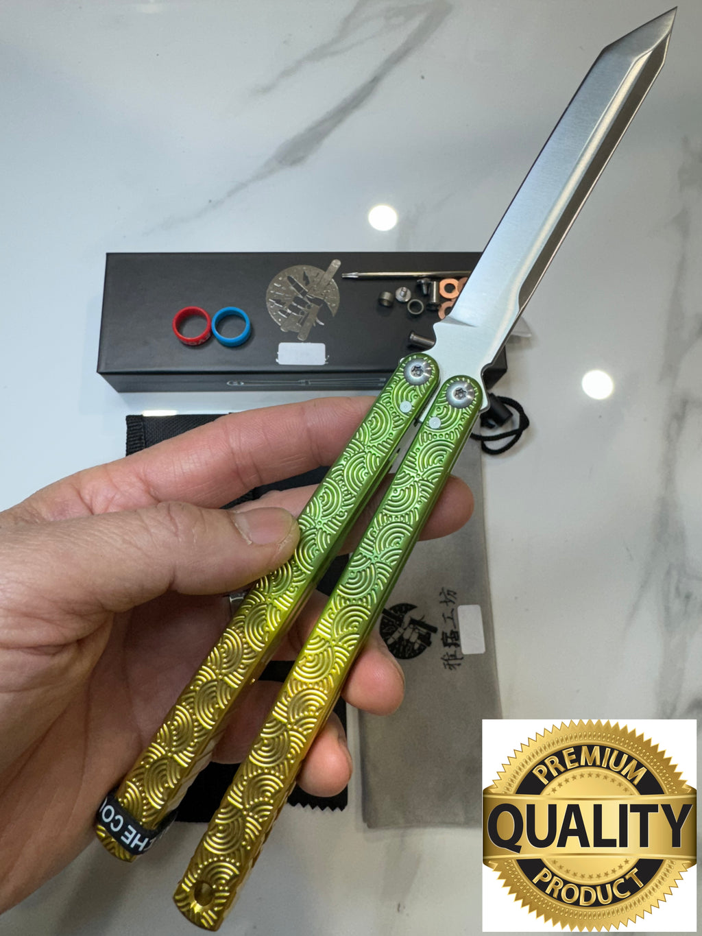 Butterfly Live Blade Balisong DRAGON TONGUE-2 (Gold Green/Silver Blade) Gift Ideas FREE SHIPPING Age 18+ only