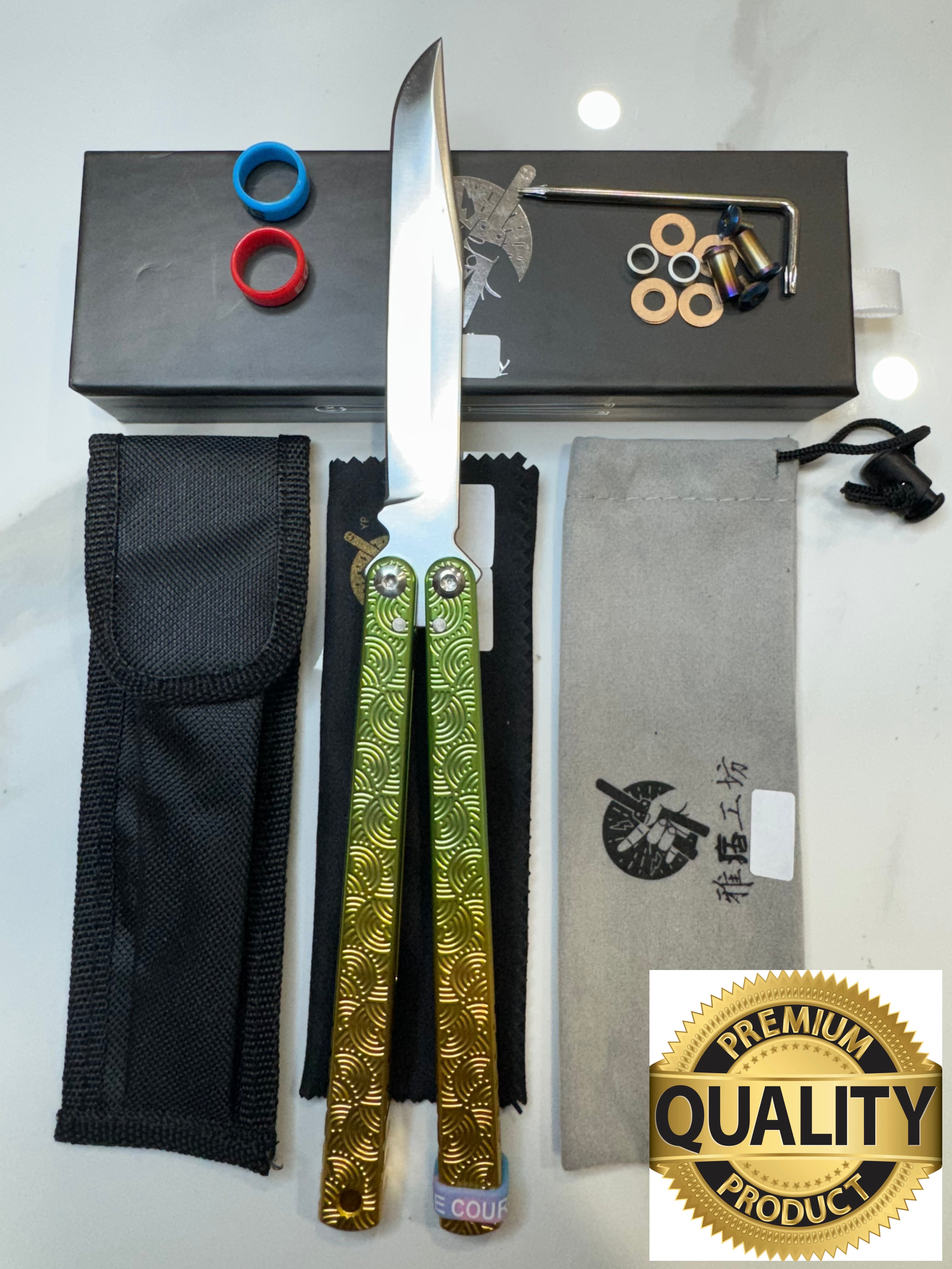 Butterfly Live Blade Balisong SEA EEL-2 (Gold/Green Handles/Silver Blade) Gift Ideas FREE SHIPPING Age 18+ only