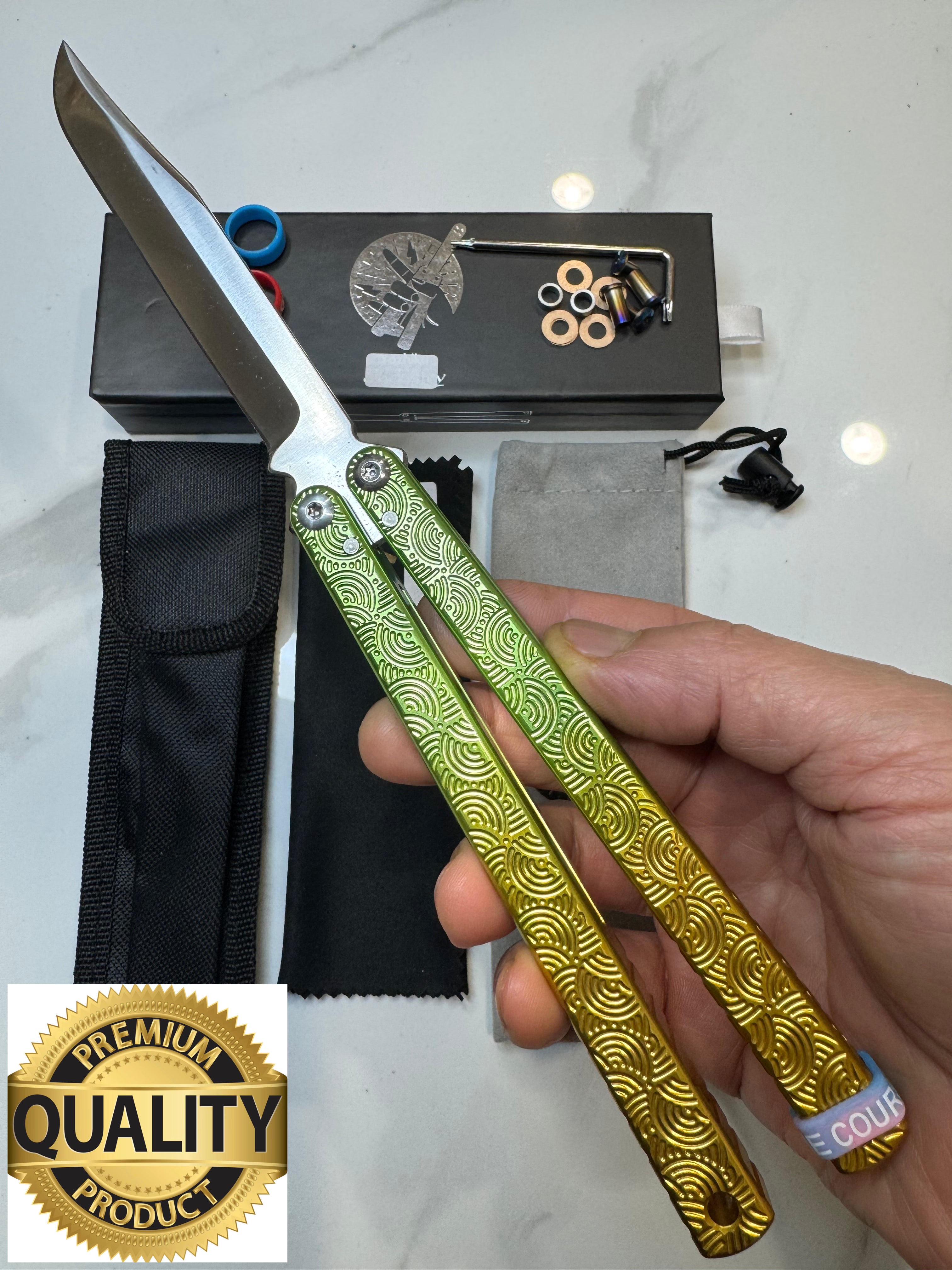 Butterfly Live Blade Balisong SEA EEL-2 (Gold/Green Handles/Silver Blade) Gift Ideas FREE SHIPPING Age 18+ only