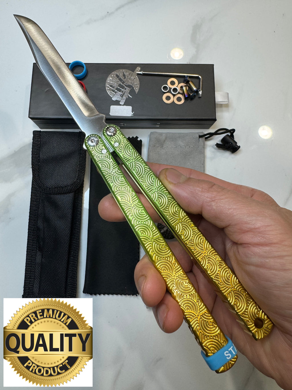 Butterfly Live Blade Balisong SEA EEL-2 (Gold/Green Handles/Silver Blade) Gift Ideas FREE SHIPPING Age 18+ only