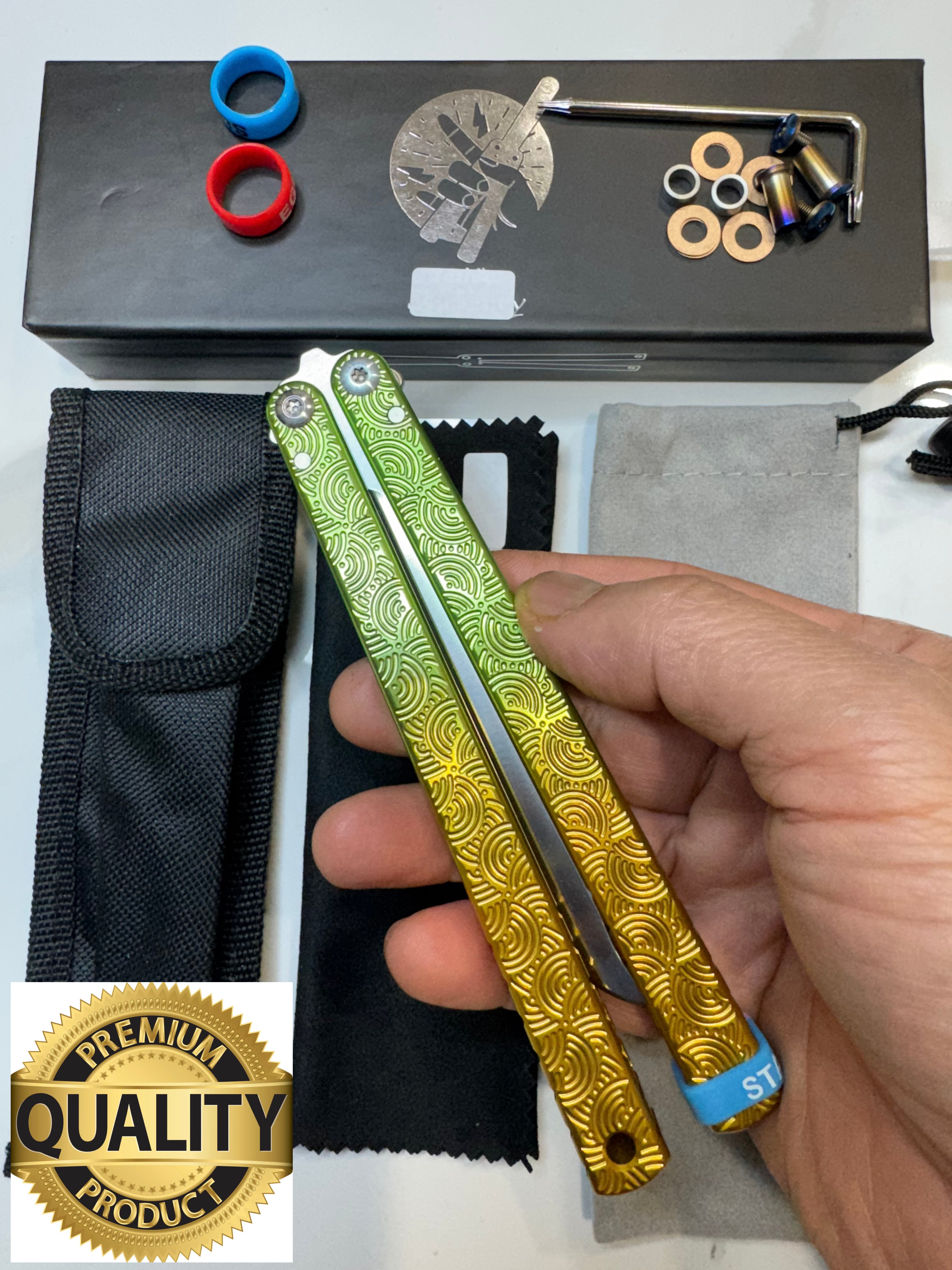Butterfly Live Blade Balisong SEA EEL-2 (Gold/Green Handles/Silver Blade) Gift Ideas FREE SHIPPING Age 18+ only