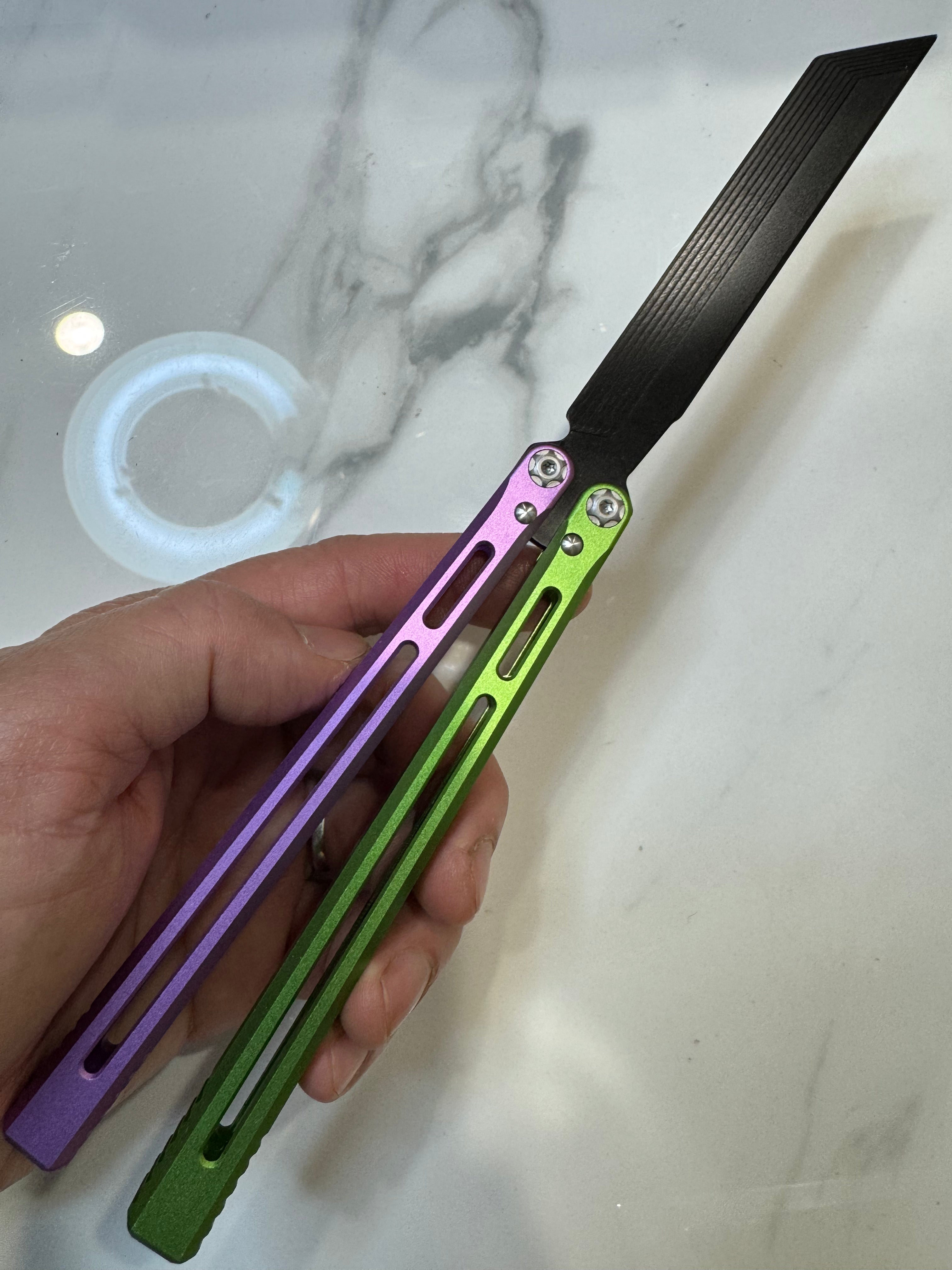 SEA SNAKE Full Aluminium Alloy Green/Purple Black blunt blade Safe Balisong Trainer PREMIUM QUALITY Free Fast Shipping
