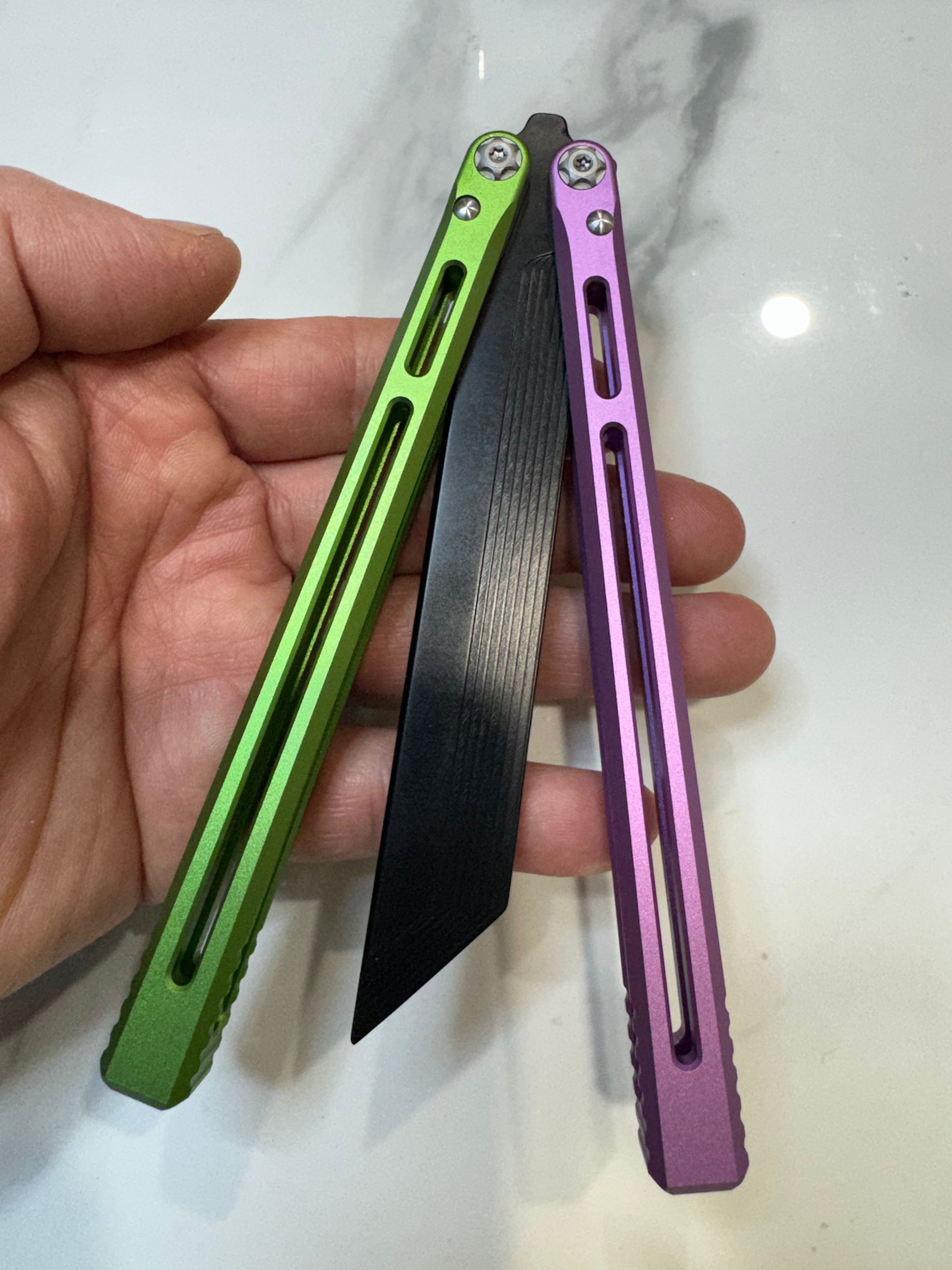 SEA SNAKE Full Aluminium Alloy Green/Purple Black blunt blade Safe Balisong Trainer PREMIUM QUALITY Free Fast Shipping