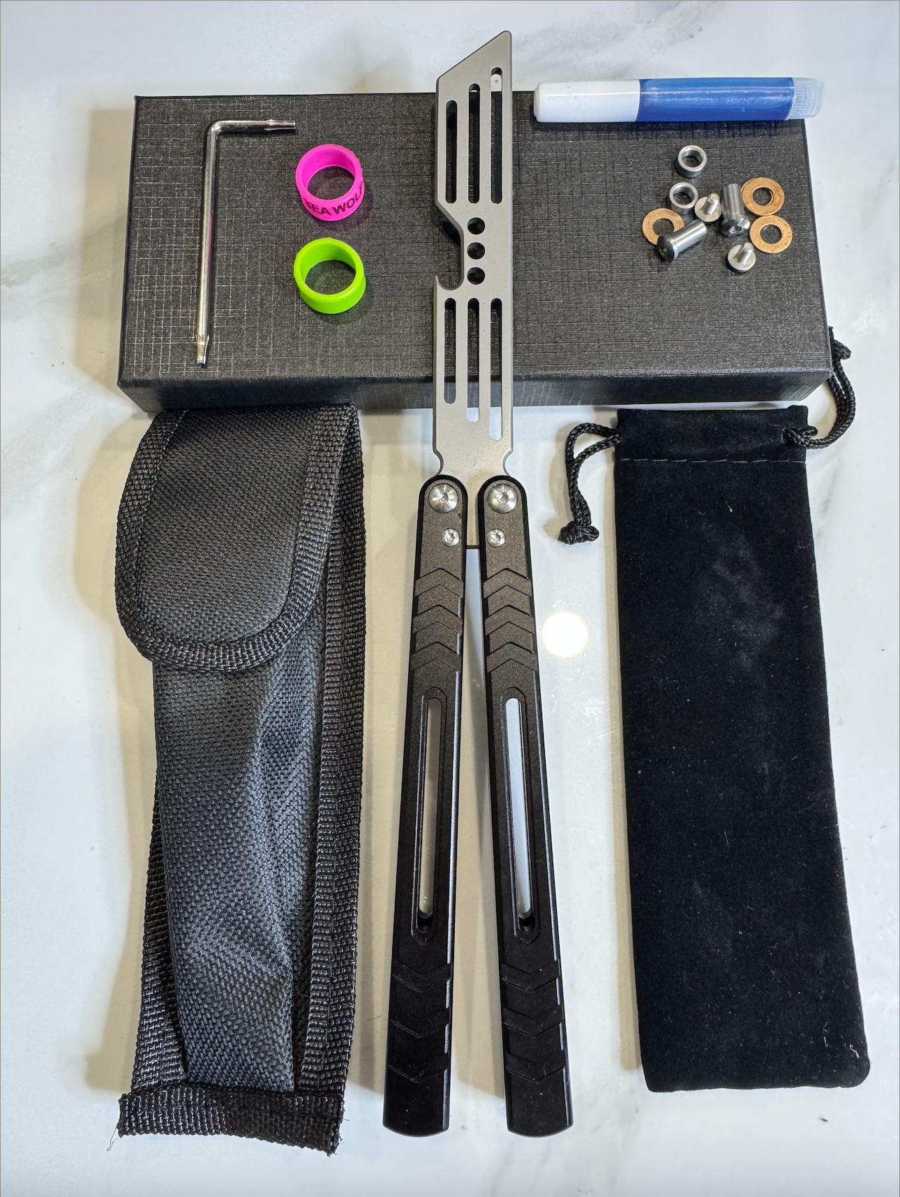 Butterfly BALISONG Trainer/Bottle opener WHALE Black Silver Blade PREMIUM QUALITY Free Shipping