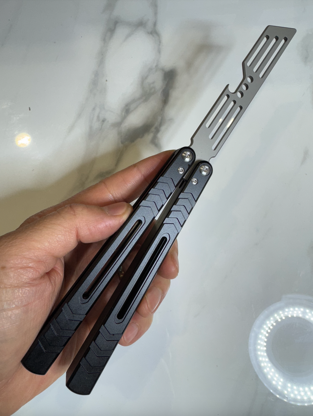 Butterfly BALISONG Trainer/Bottle opener WHALE Black Silver Blade PREMIUM QUALITY Free Shipping