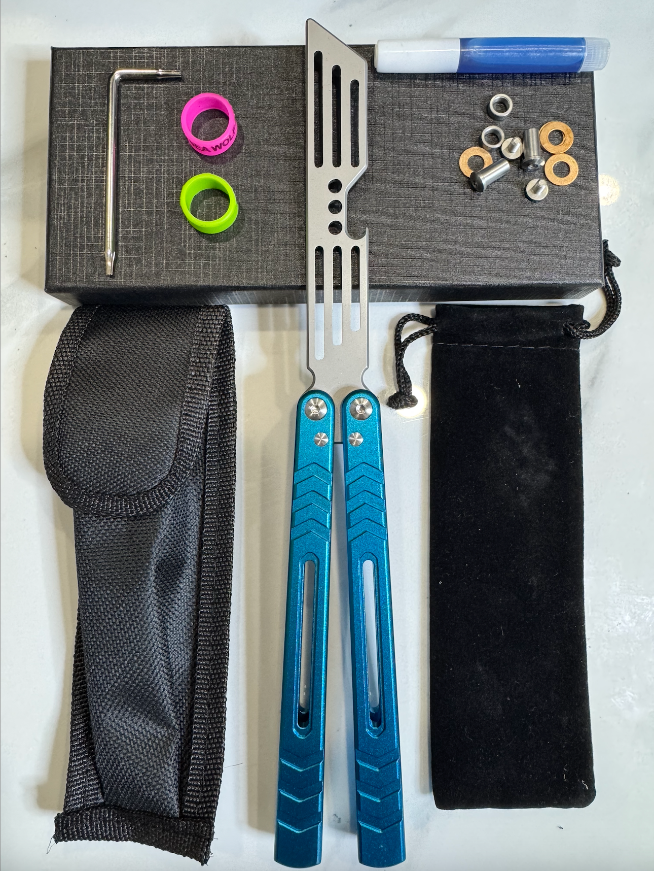 Butterfly BALISONG Trainer/Bottle opener WHALE Blue Silver Blade PREMIUM QUALITY Free Shipping