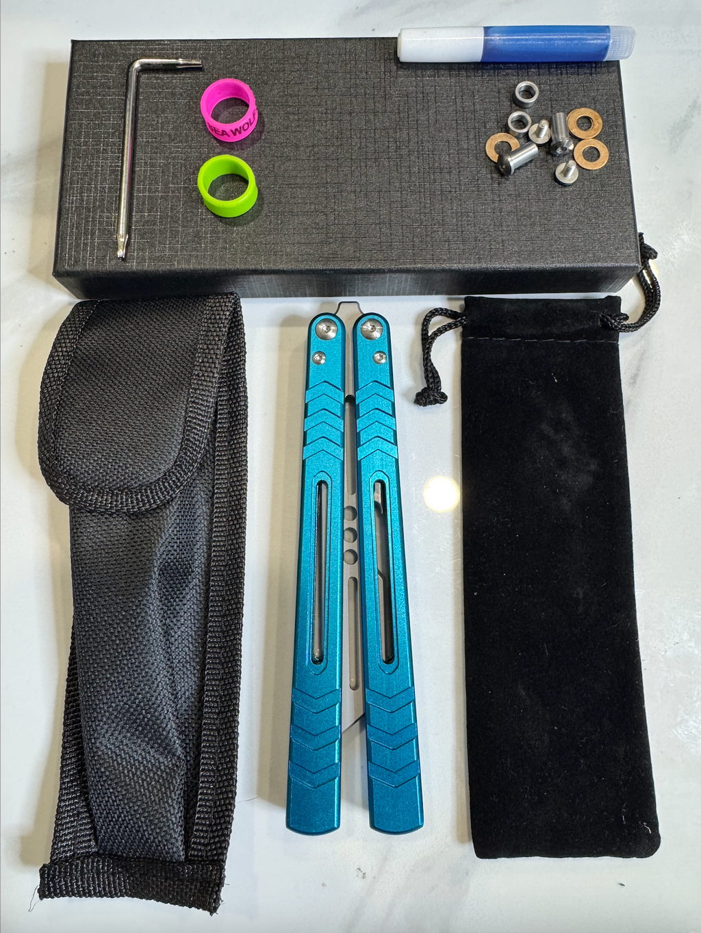Butterfly BALISONG Trainer/Bottle opener WHALE Blue Silver Blade PREMIUM QUALITY Free Shipping