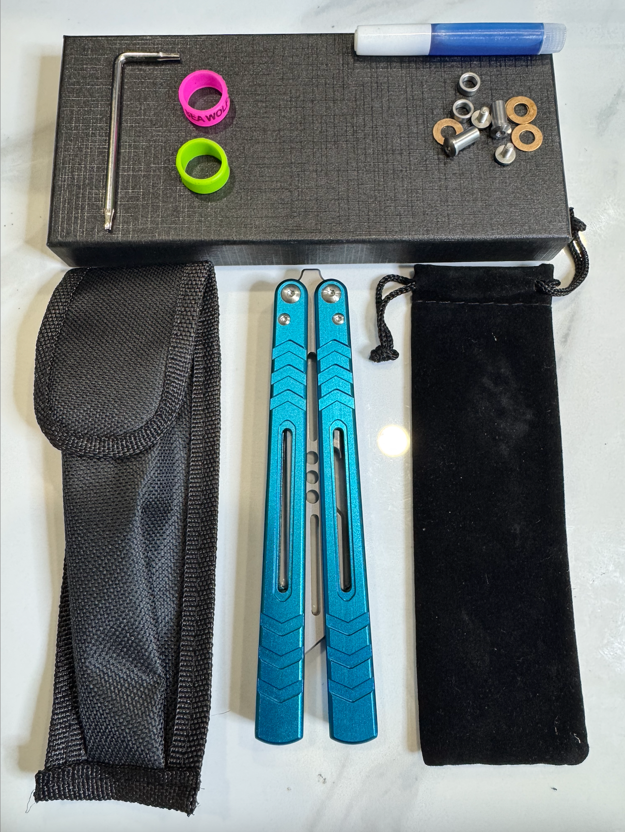 Butterfly BALISONG Trainer/Bottle opener WHALE Blue Silver Blade PREMIUM QUALITY Free Shipping