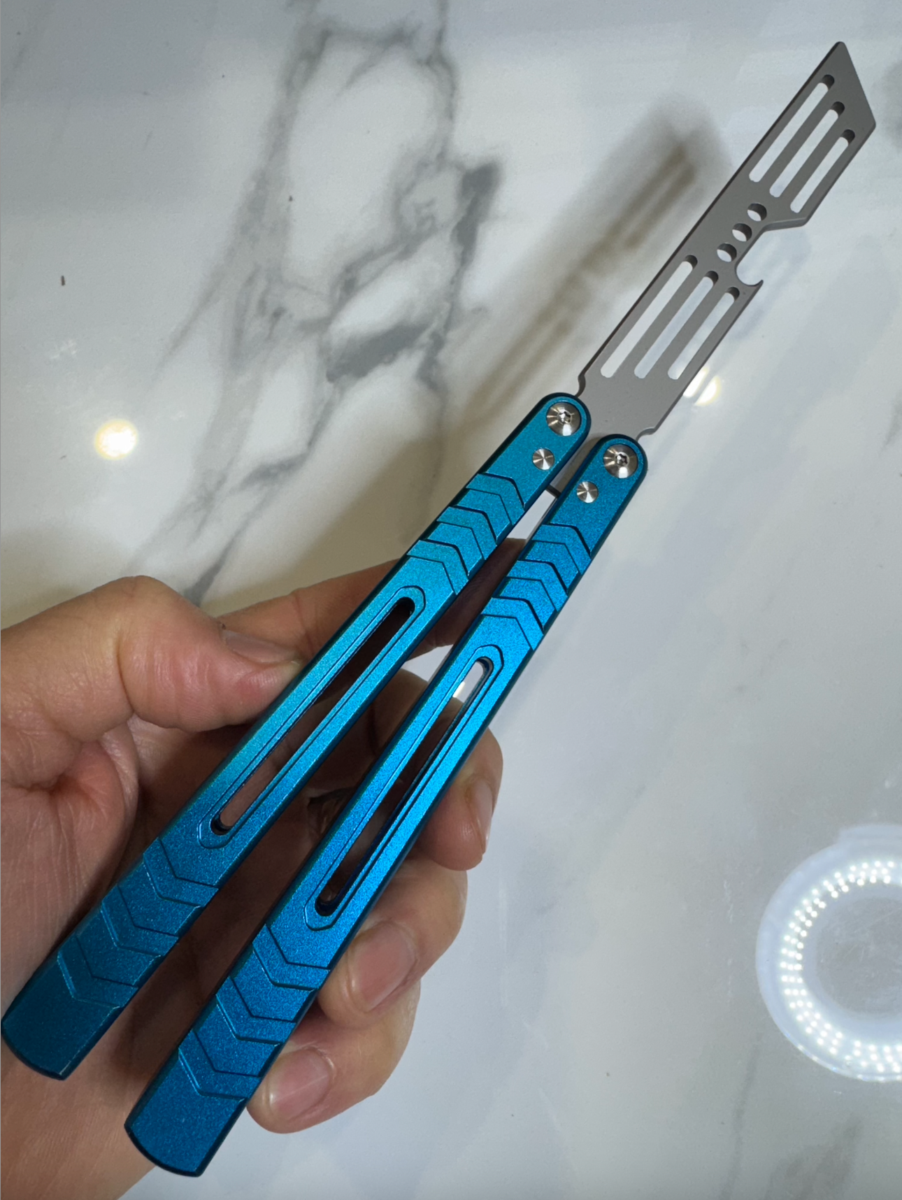 Butterfly BALISONG Trainer/Bottle opener WHALE Blue Silver Blade PREMIUM QUALITY Free Shipping