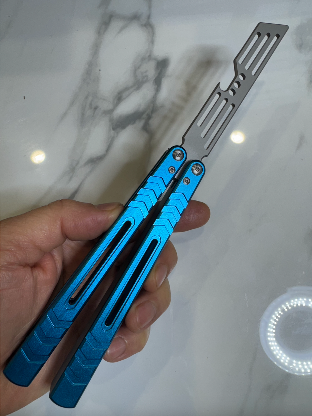 Butterfly BALISONG Trainer/Bottle opener WHALE Blue Silver Blade PREMIUM QUALITY Free Shipping