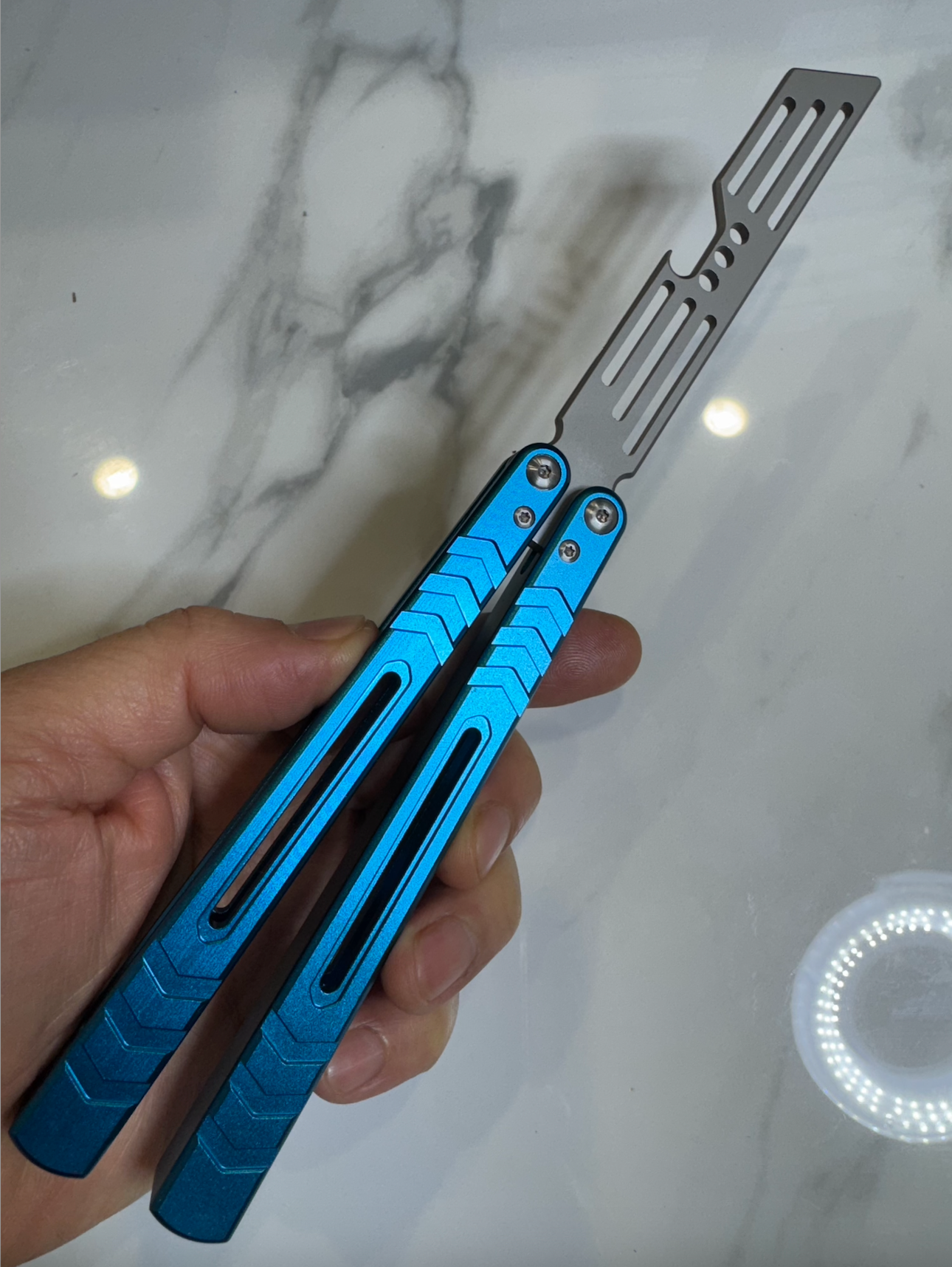 Butterfly BALISONG Trainer/Bottle opener WHALE Blue Silver Blade PREMIUM QUALITY Free Shipping