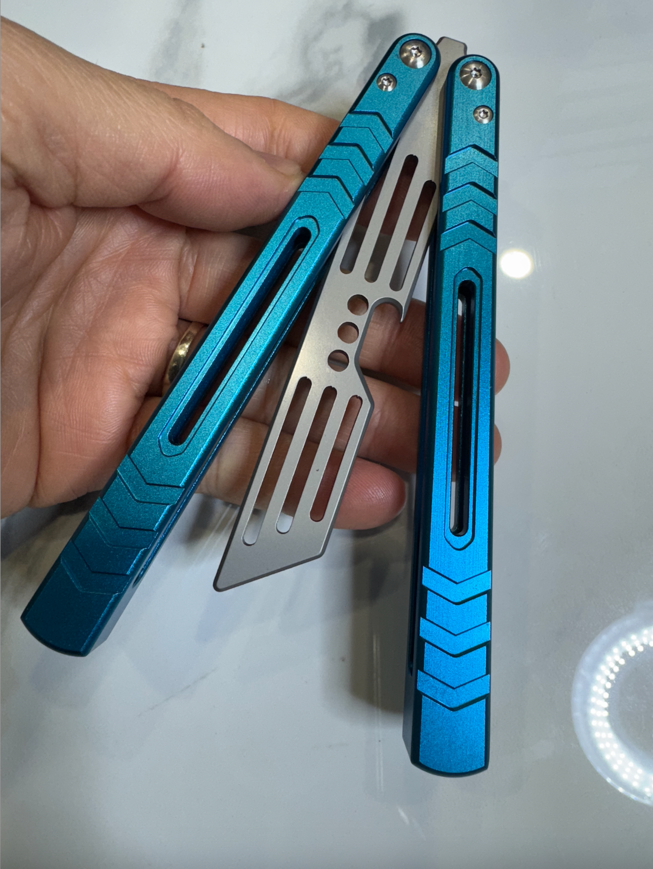Butterfly BALISONG Trainer/Bottle opener WHALE Blue Silver Blade PREMIUM QUALITY Free Shipping