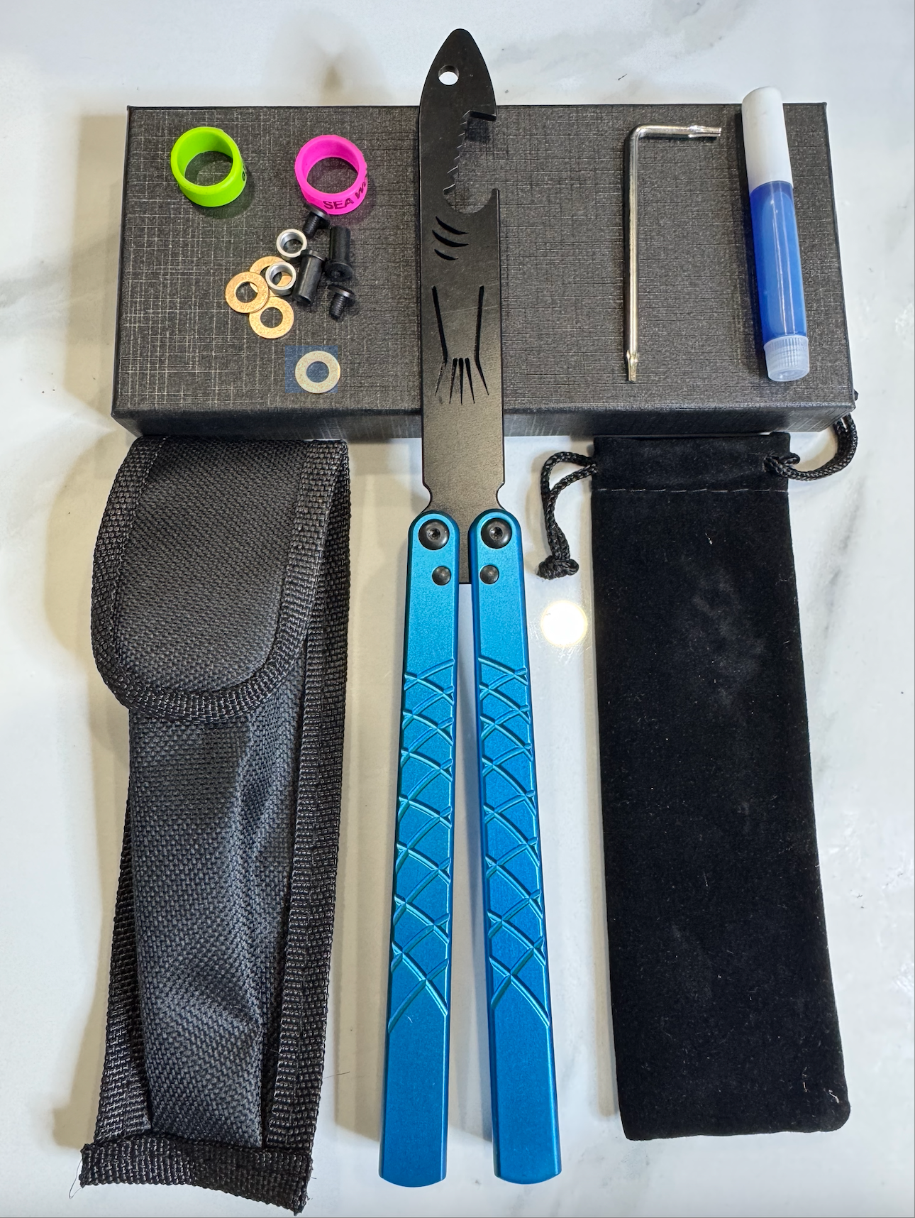 Butterfly BALISONG Trainer/bottle opener TigerShark Blue/Black PREMIUM QUALITY Free Shipping