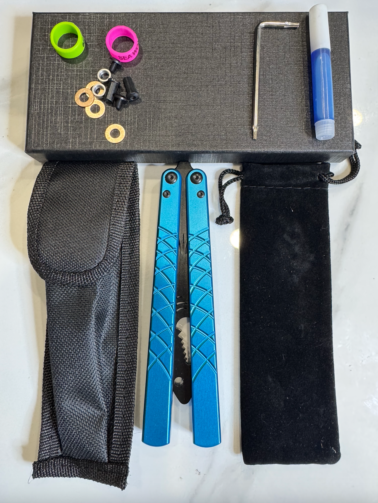Butterfly BALISONG Trainer/bottle opener TigerShark Blue/Black PREMIUM QUALITY Free Shipping