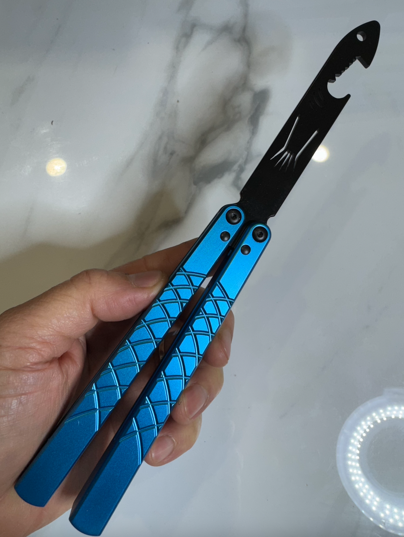Butterfly BALISONG Trainer/bottle opener TigerShark Blue/Black PREMIUM QUALITY Free Shipping