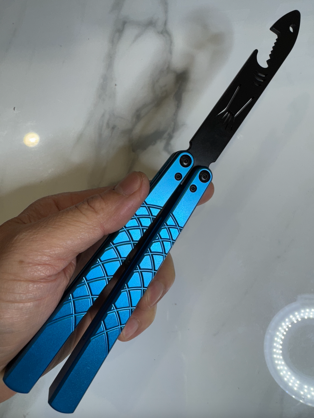 Butterfly BALISONG Trainer/bottle opener TigerShark Blue/Black PREMIUM QUALITY Free Shipping