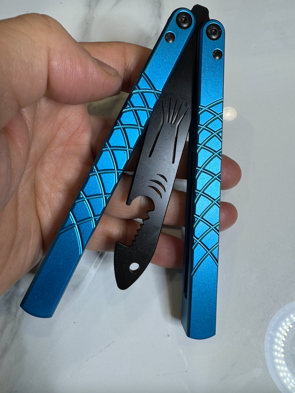 Butterfly BALISONG Trainer/bottle opener TigerShark Blue/Black PREMIUM QUALITY Free Shipping