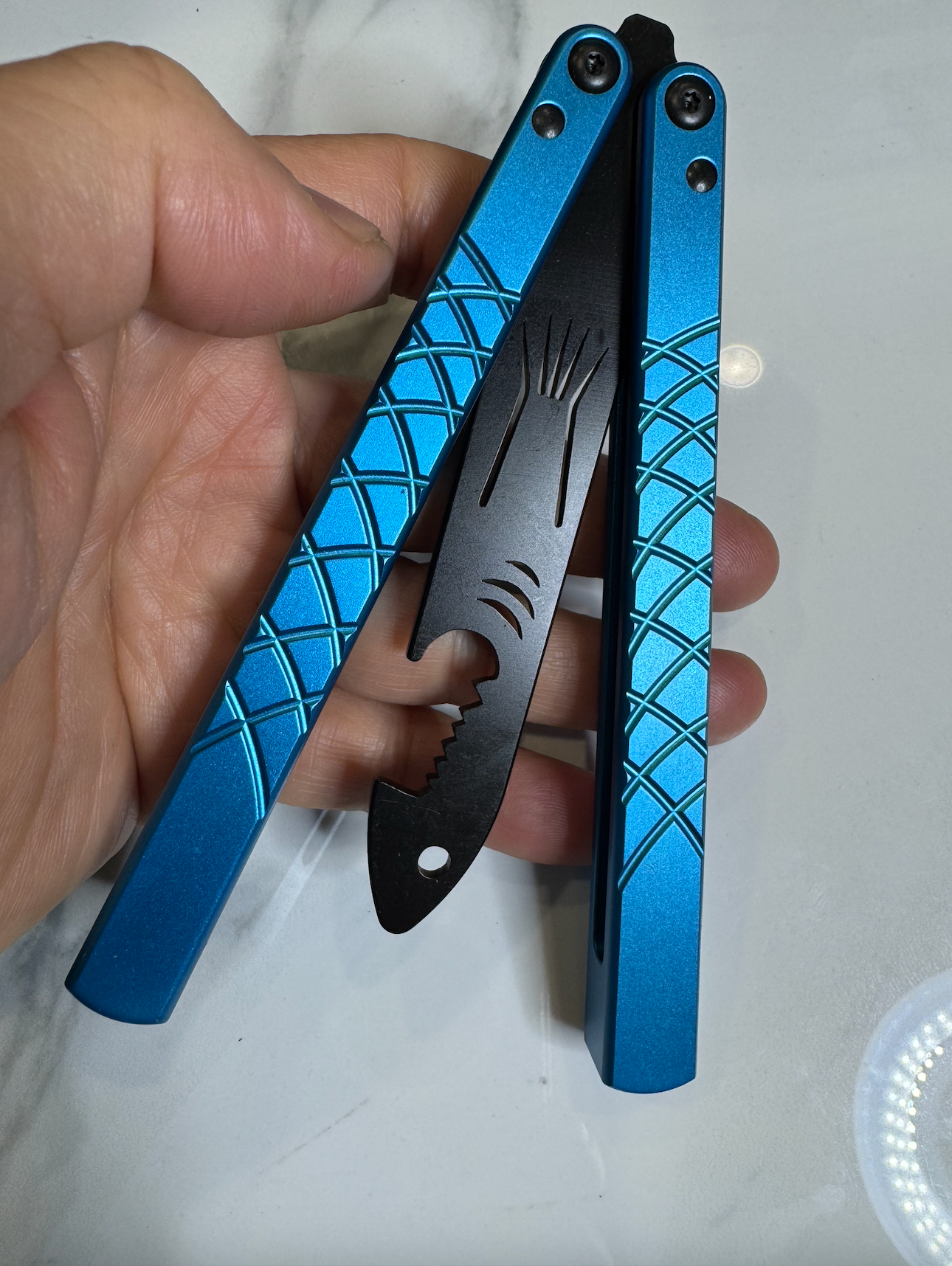 Butterfly BALISONG Trainer/bottle opener TigerShark Blue/Black PREMIUM QUALITY Free Shipping