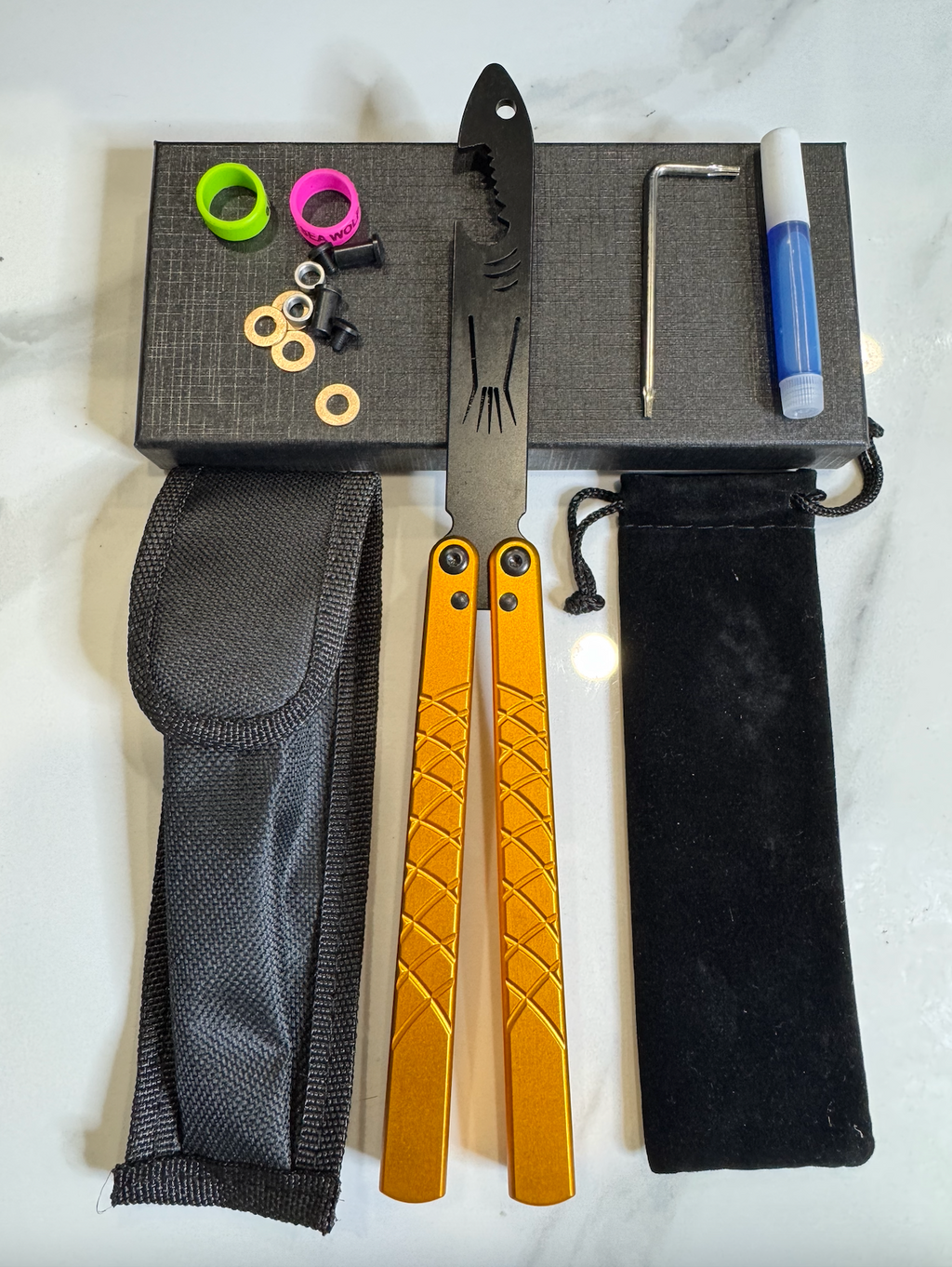 Butterfly BALISONG Trainer/bottle opener TigerShark Gold/Black PREMIUM QUALITY Free Shipping