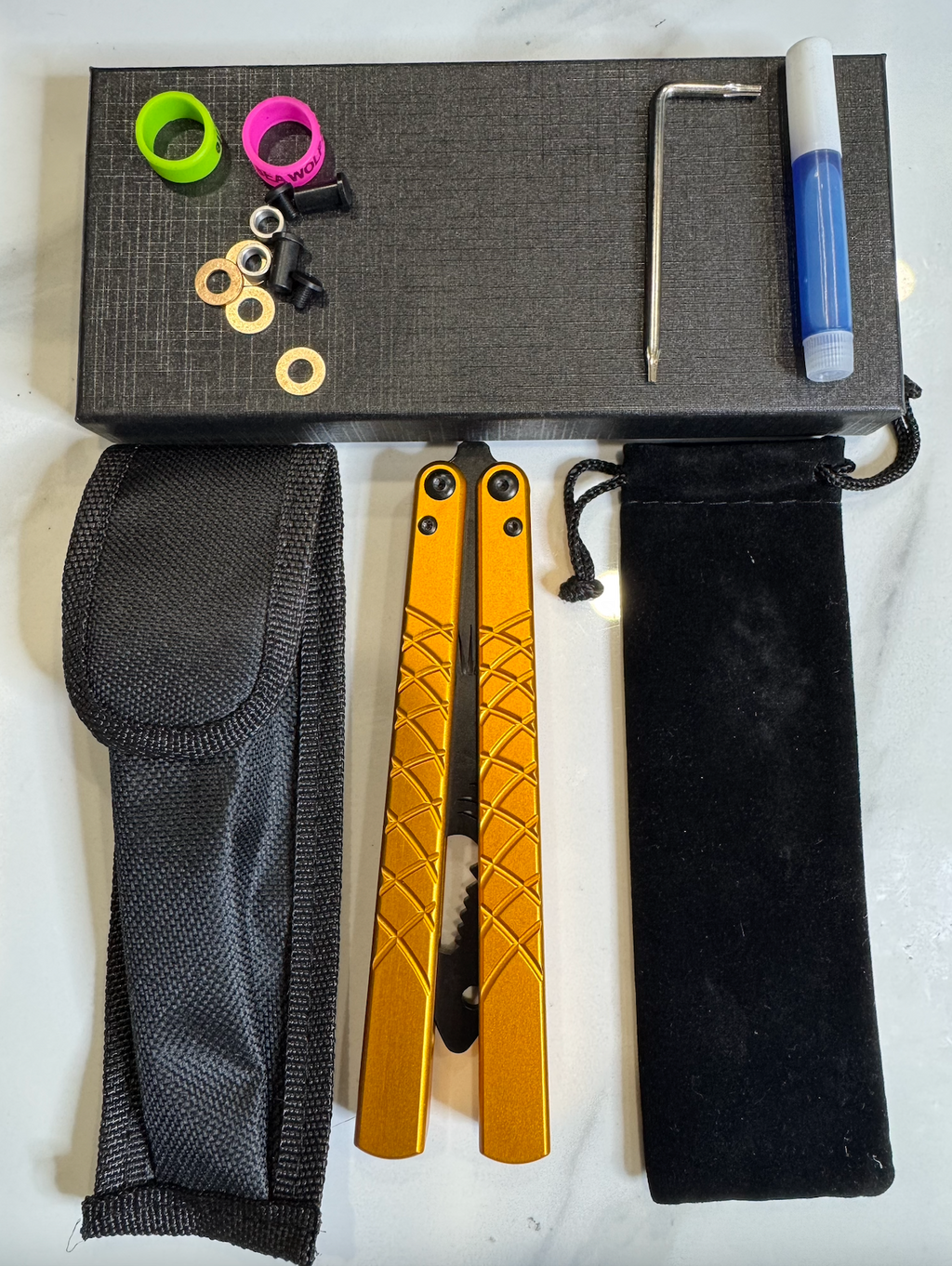 Butterfly BALISONG Trainer/bottle opener TigerShark Gold/Black PREMIUM QUALITY Free Shipping