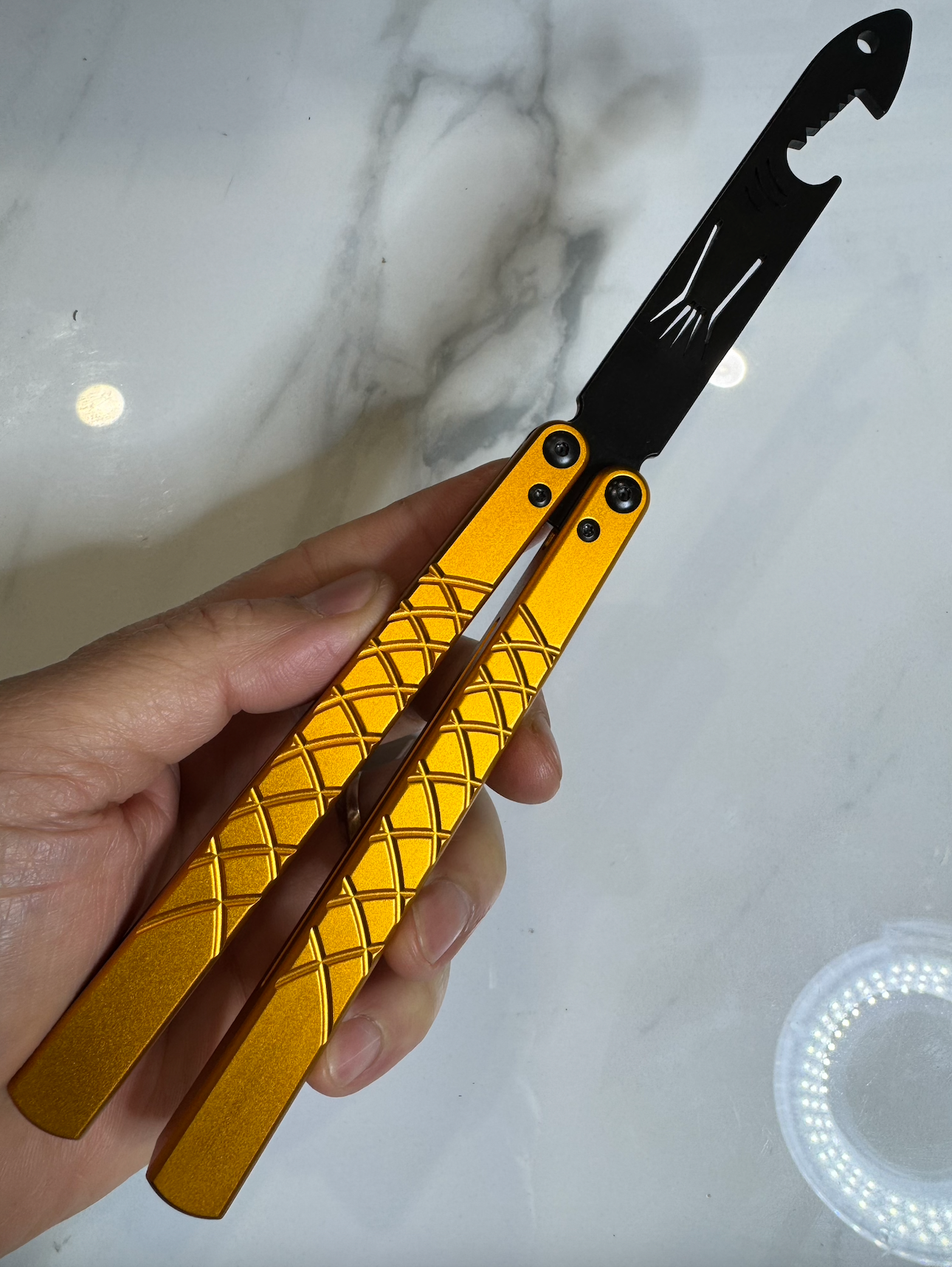 Butterfly BALISONG Trainer/bottle opener TigerShark Gold/Black PREMIUM QUALITY Free Shipping