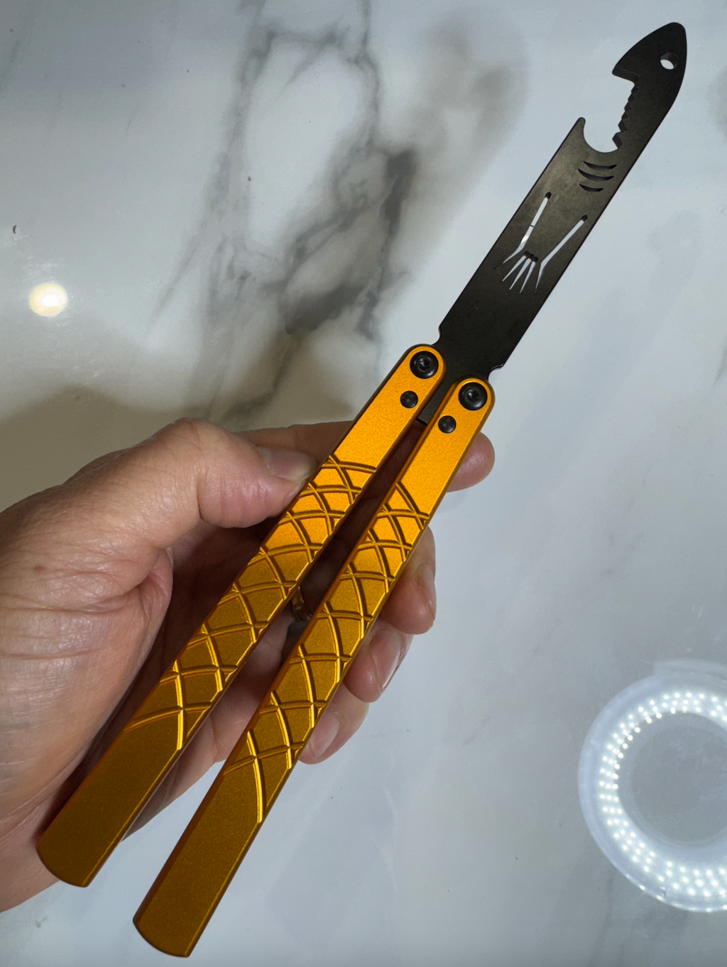 Butterfly BALISONG Trainer/bottle opener TigerShark Gold/Black PREMIUM QUALITY Free Shipping