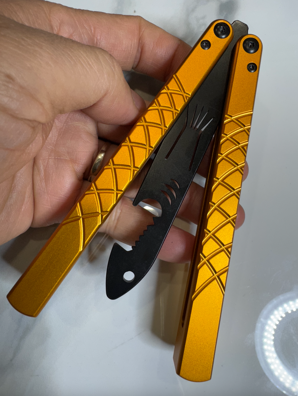 Butterfly BALISONG Trainer/bottle opener TigerShark Gold/Black PREMIUM QUALITY Free Shipping